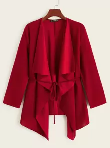 SHEIN 垂墜衣領不對稱下擺腰帶外套 - 酒紅色 - 查看 1