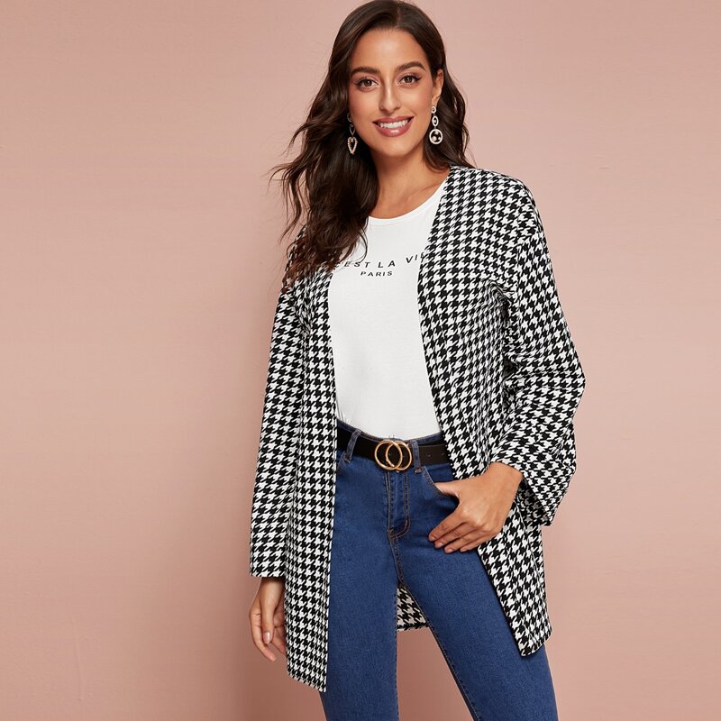 

Open Front Houndstooth Coat, Black and white