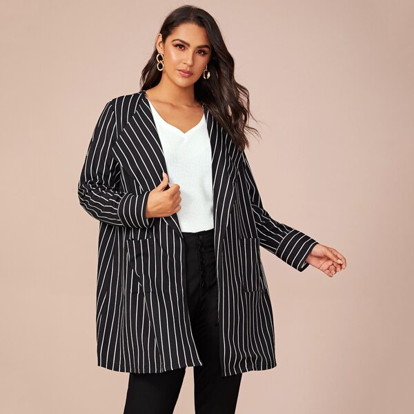 

Plus Waterfall Collar Pocket Front Striped Coat, Black and white