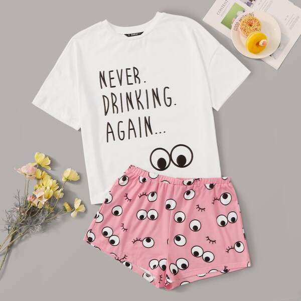 

Drop Shoulder Slogan Graphic Top & Shorts PJ Set, Multicolor