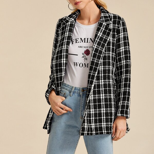 

Tweed Lapel Collar Self Tie Blazer, Black