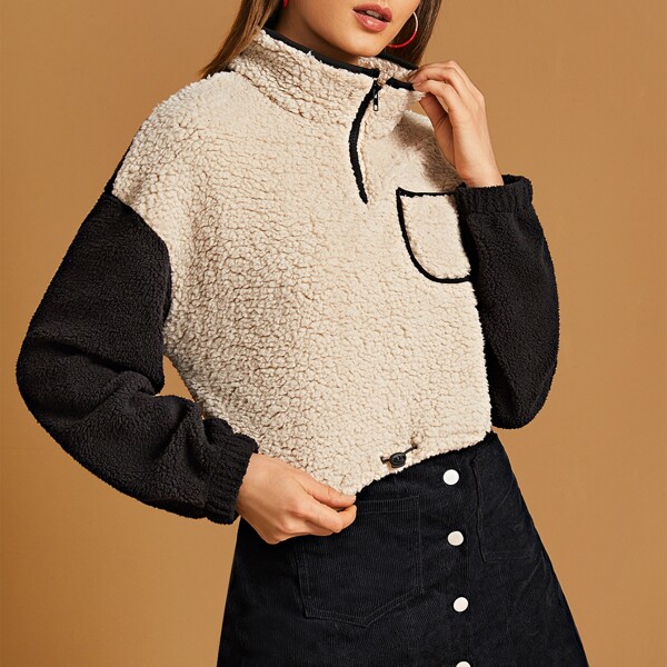 

Contrast Sleeve Half Placket Teddy Sweatshirt, Multicolor