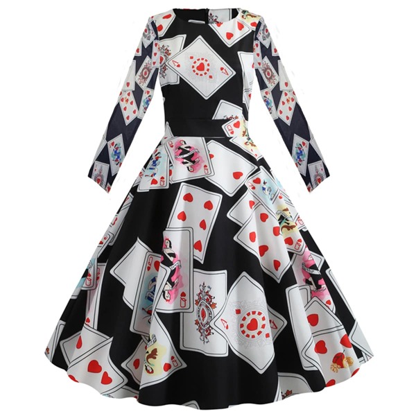 

Plus Playing Card Print Belted Ball Gown Dress, Black and white