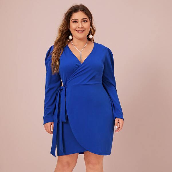 

Plus Curved Hem Waist Belted Wrap Dress, Blue bright