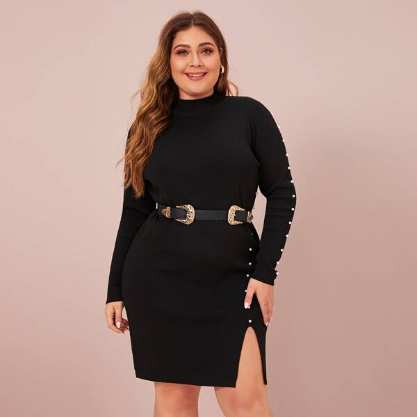 

Plus Pearls Split Sweater Dresses Without Belted, Black