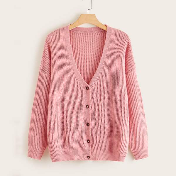 

Plus Solid Rib-Knit Button Front Cardigan, Pink pastel