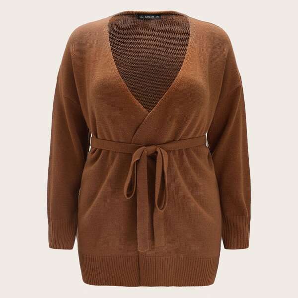 

Plus Drop Shoulder Wrap Belted Cardigan, Brown