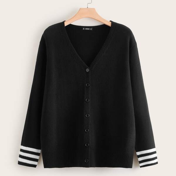 

Plus Striped Cuff Soft Knit Cardigan, Black