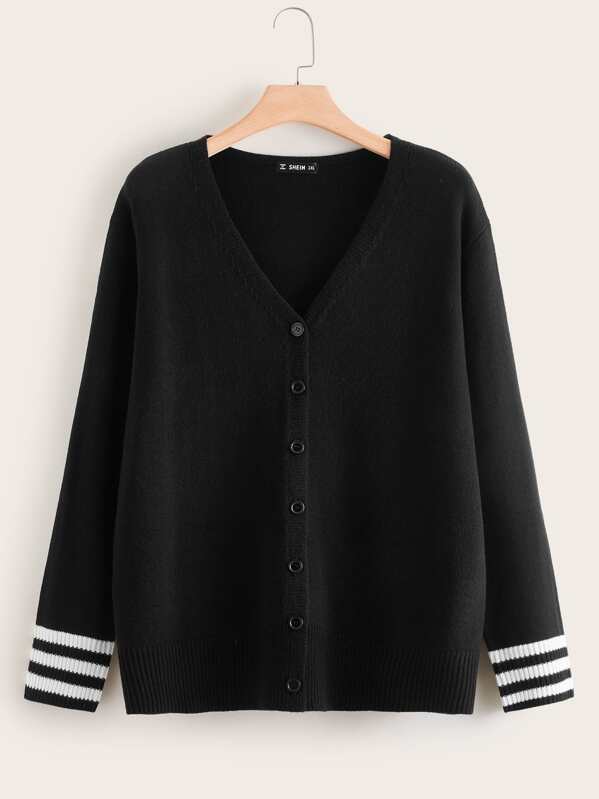 

Plus Striped Cuff Soft Knit Cardigan, Black