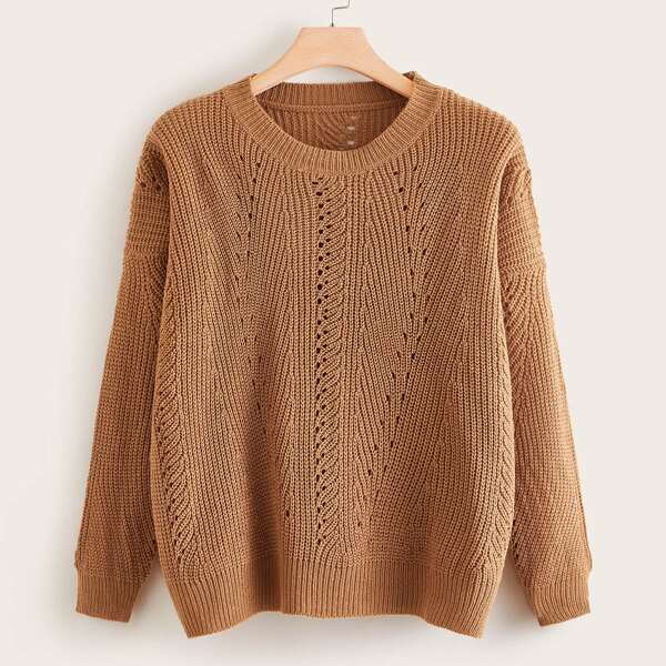 

Plus Solid Perforated Knit Sweater, Camel