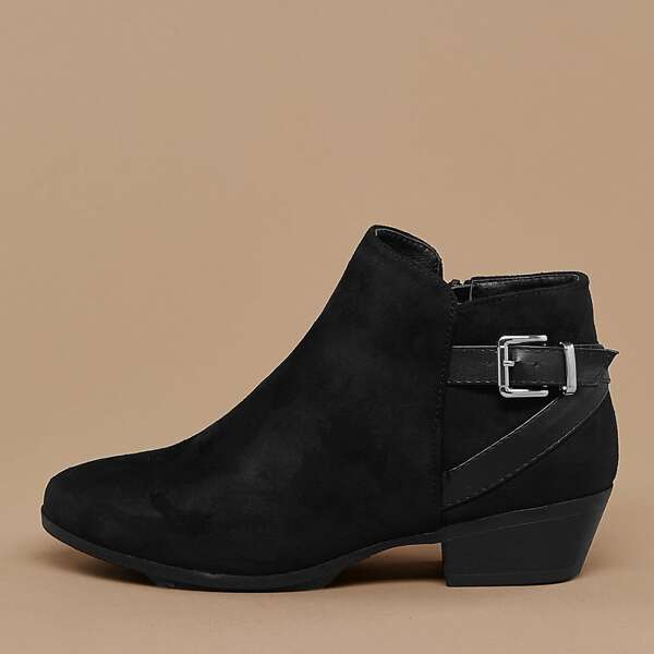 

Strappy Buckle Detail Stacked Heel Booties, Black