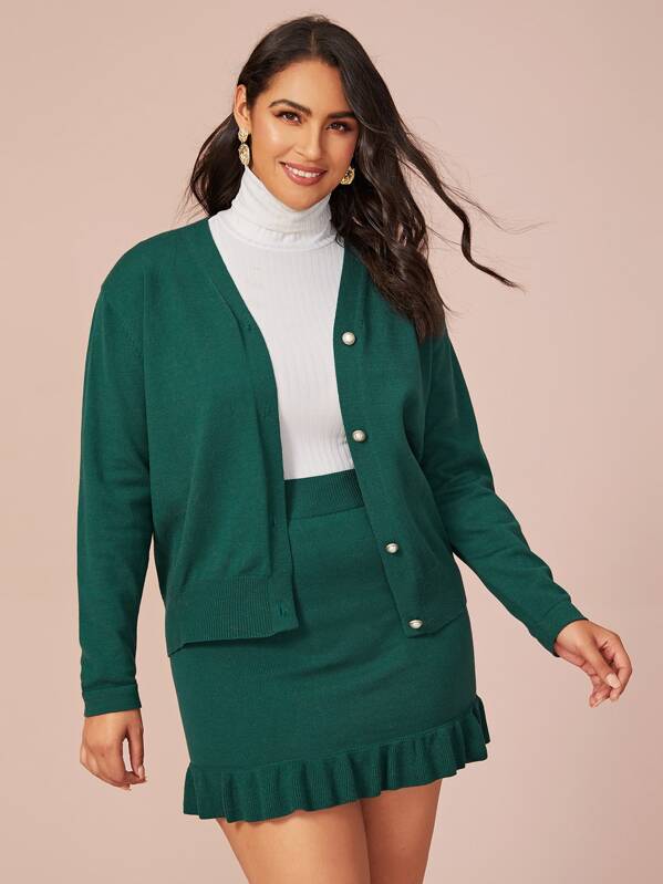 

Plus Button Front Cardigan & Ruffle Hem Sweater Skirt Set, Green, Ruiz Brianna