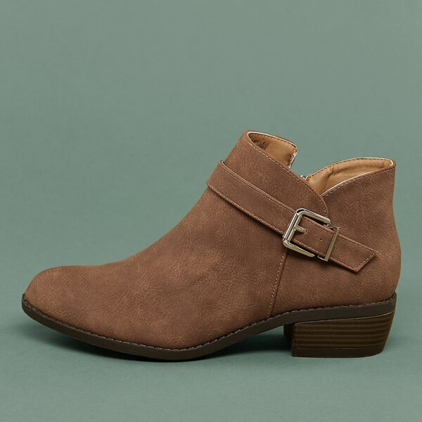 

Almond Toe Buckle Detail Chunky Heel Booties, Camel