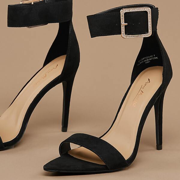 

Pointed Sole Crystal Buckled Ankle Stiletto Heels, Black
