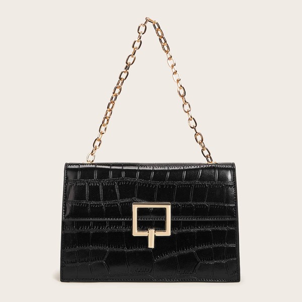 

Croc Embossed Satchel Bag With Chain Handle, Black