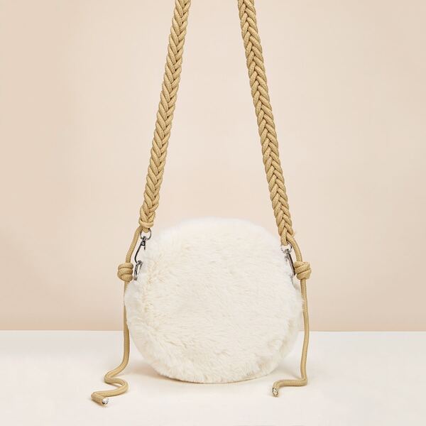 

Braided Strap Fluffy Crossbody Bag, White