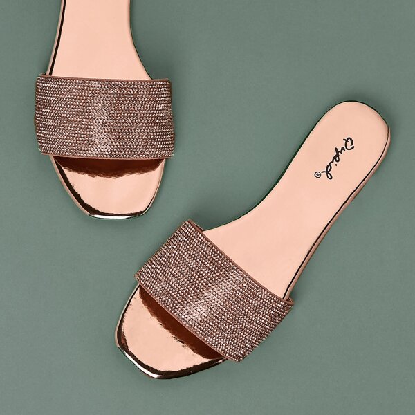 

Single Diamante Band Flat Slide Sandals, Gold
