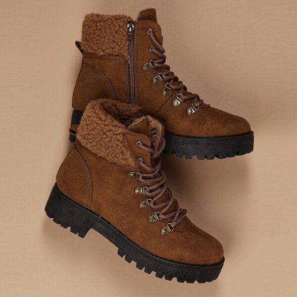 

Faux Sheep Skin Cuff Lace Up Lug Sole Boots, Camel