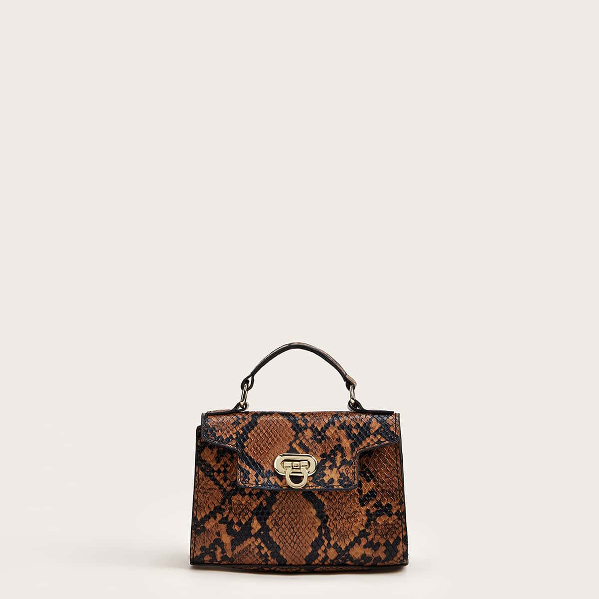 

Snakeskin Satchel Bag With Chain Strap, Coffee brown