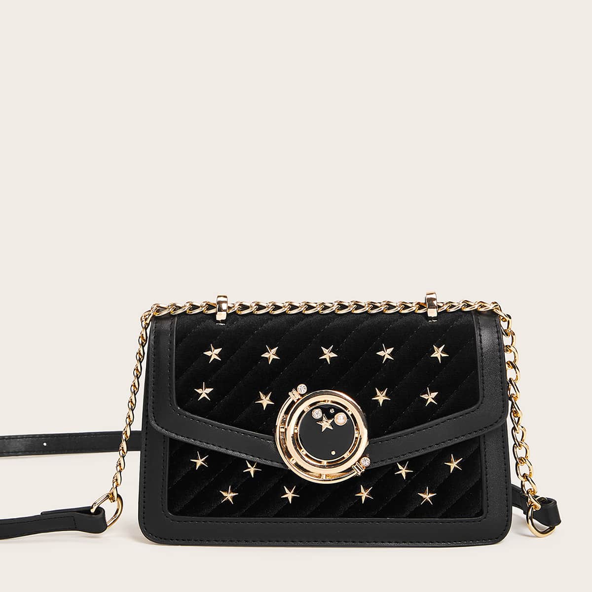 

Star Studded & Faux Pearl Decor Chain Bag, Black