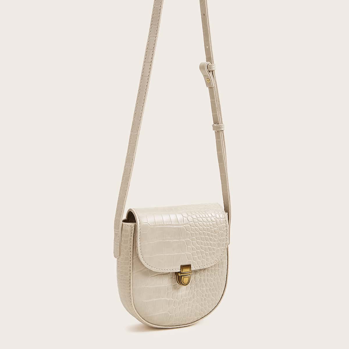

Push Lock Croc Embossed Crossbody Bag, Beige
