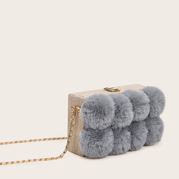 

Fluffy Pom Pom Decor Box Chain Bag, Multicolor