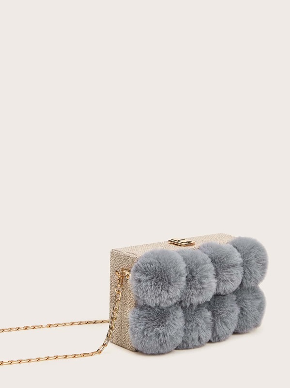 

Fluffy Pom Pom Decor Box Chain Bag, Multicolor