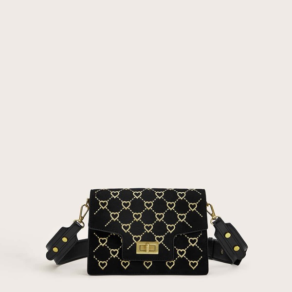 

Heart Embroidered Twist Lock Crossbody Bag, Black