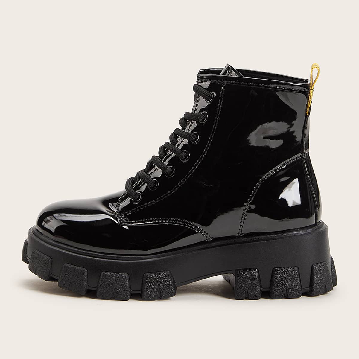 

Lace-up Front Patent Combat Boots, Black
