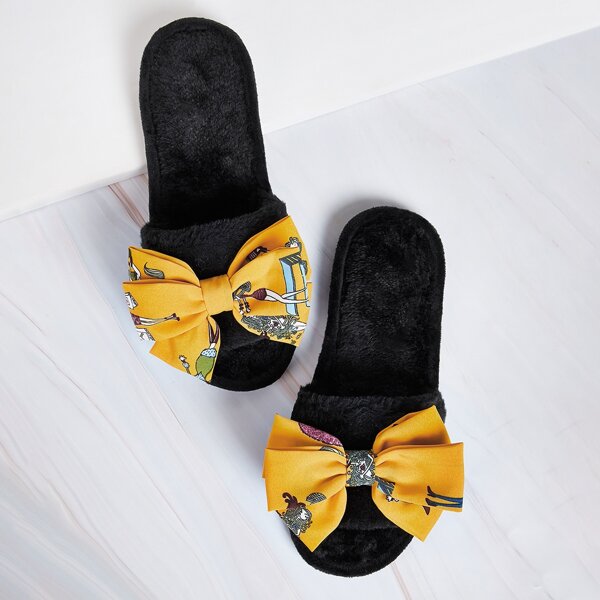 

Open Toe Bow Decor Fluffy Slippers