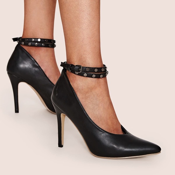 

Studded Decor Ankle Strap Point Toe Heels, Black