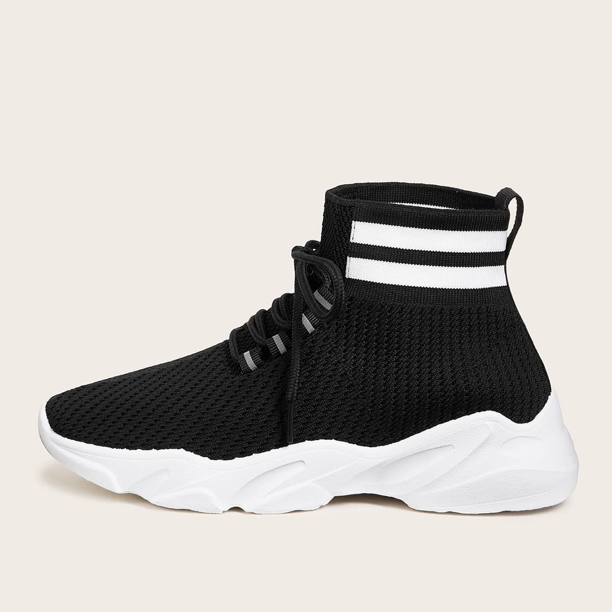 

Lace-up Front Striped Knitted Sock Sneakers, Black