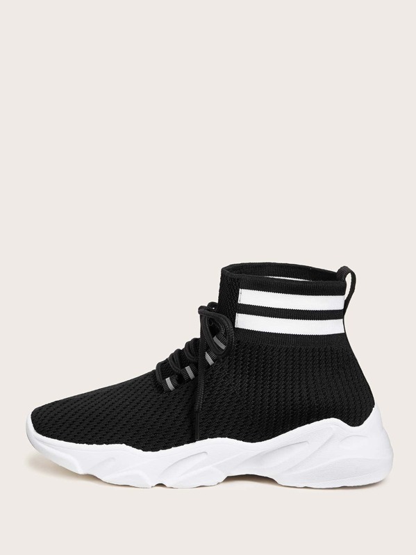 

Lace-up Front Striped Knitted Sock Sneakers, Black