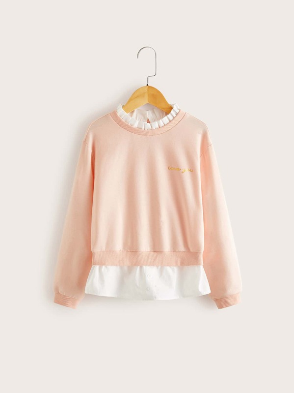 

Girls Slogan Graphic Frill Trim 2 In 1 Sweatshirt, Pink