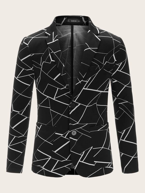 

Men Geo Print Pocket Front Single Breasted Blazer, Black