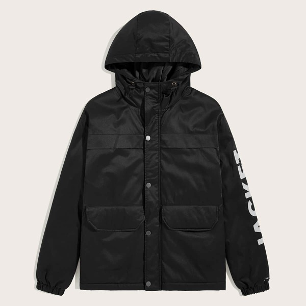 

Men Letter Graphic Button Up Padded Hooded Coat, Black