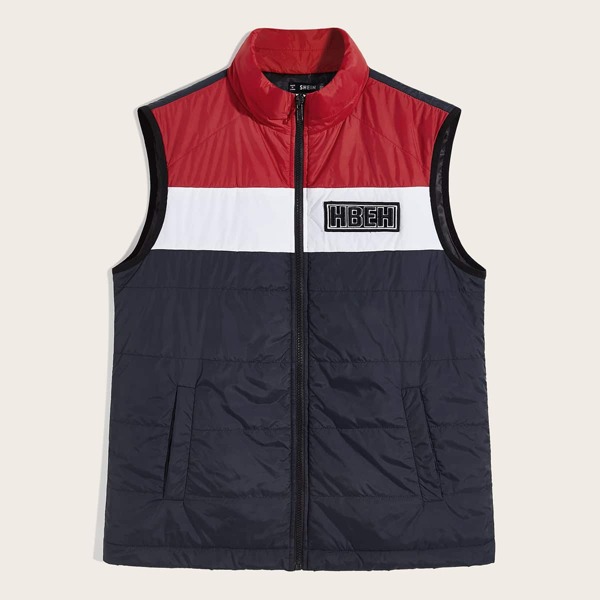 

Men Letter Patched Cut-and-sew Quilted Vest Jacket, Navy