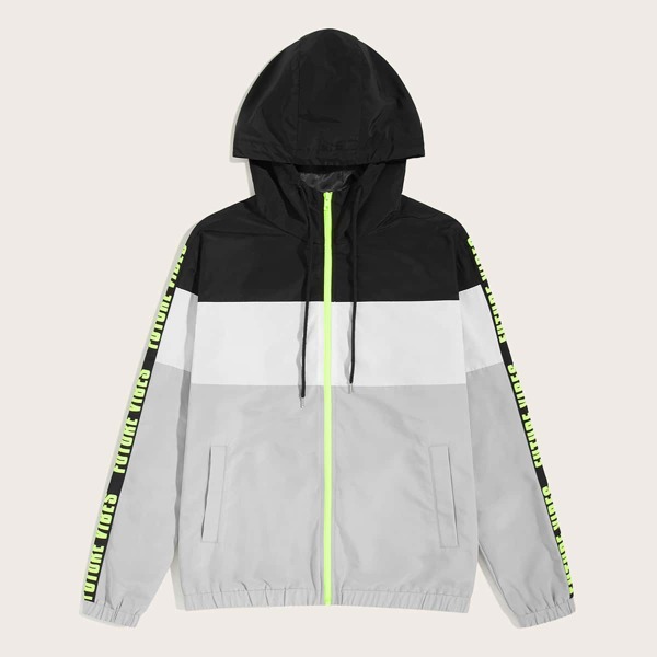 

Men Neon Trim Slogan Tape Side Windbreaker Jacket, Multicolor