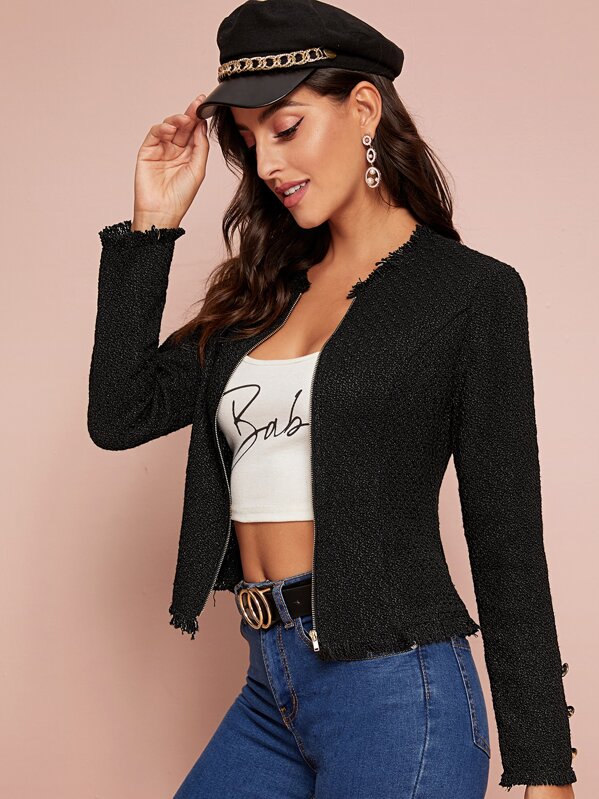 

Frayed Edge Zip Up Tweed Jacket, Black, Mary P.