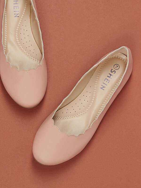 

Round Toe Scallop Trim Ballet Flat Shoes, Pink