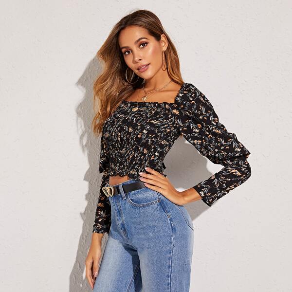 

Ditsy Floral Print Lettuce Frill Shirred Crop Blouse, Black