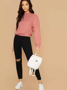 SHEIN Essnce Pullover unicolor de hombros caídos de cuello alto - Rosa vieja - Ver 5