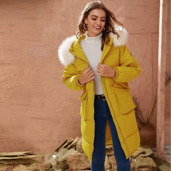 

Contrast Faux Fur Hooded Puffer Coat, Yellow