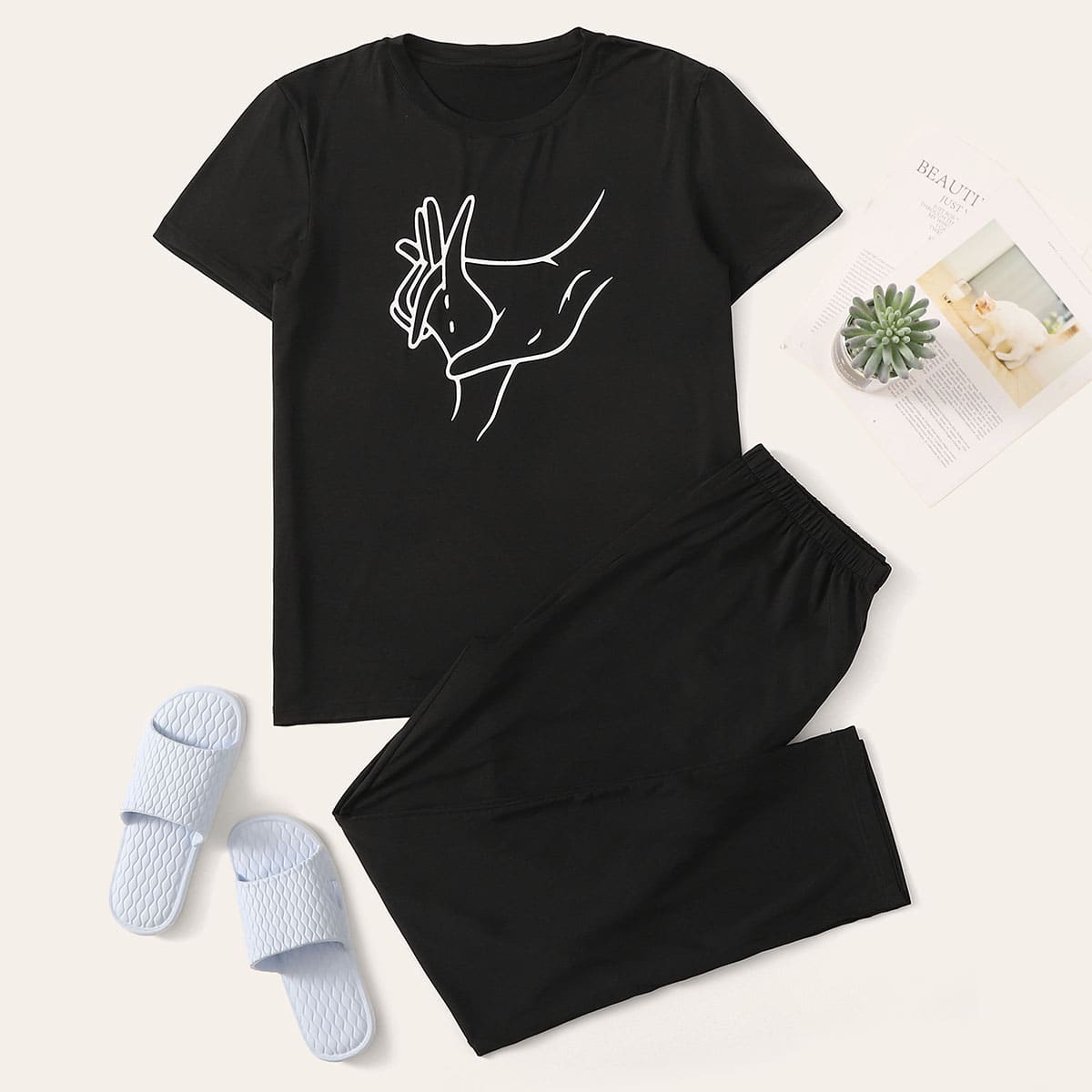 

Guys Hands Print Tee & Pants PJ Sets, Black