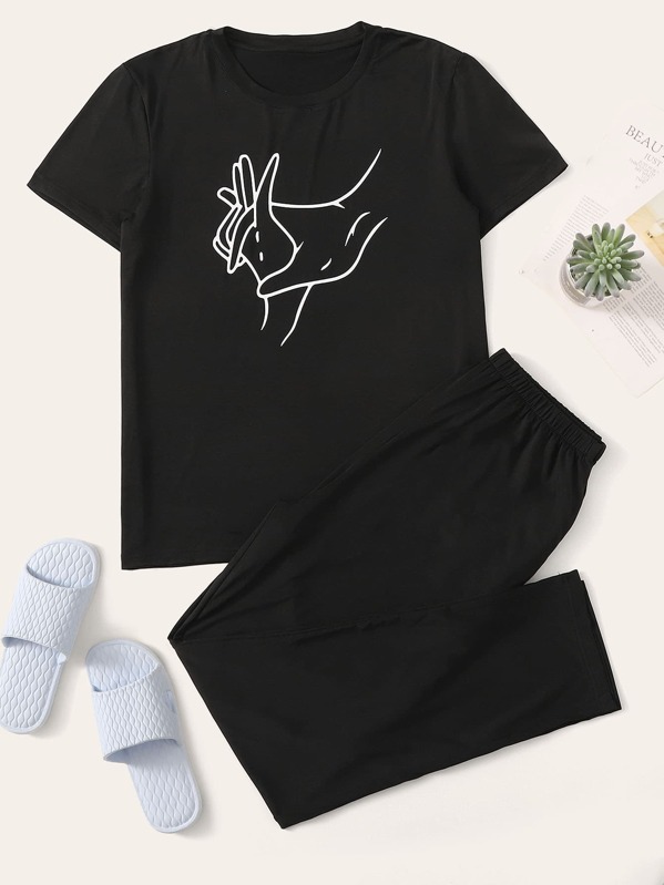 

Men Hands Print Tee & Pants PJ Sets, Black