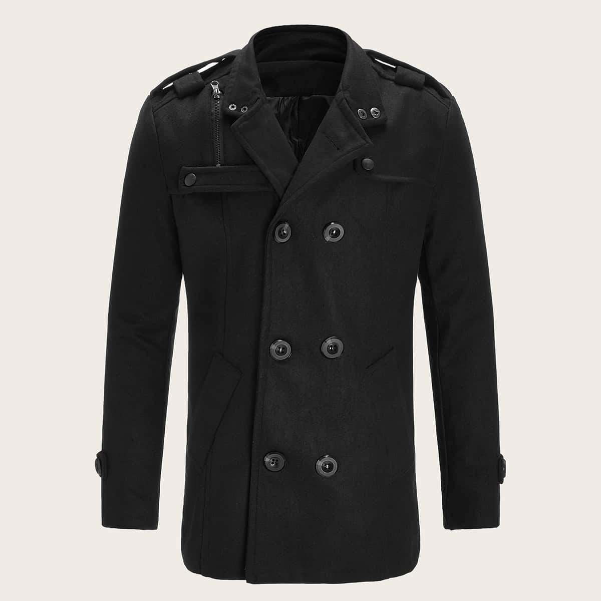 

Guys Lapel Neck Slit Back Pea Coat, Black