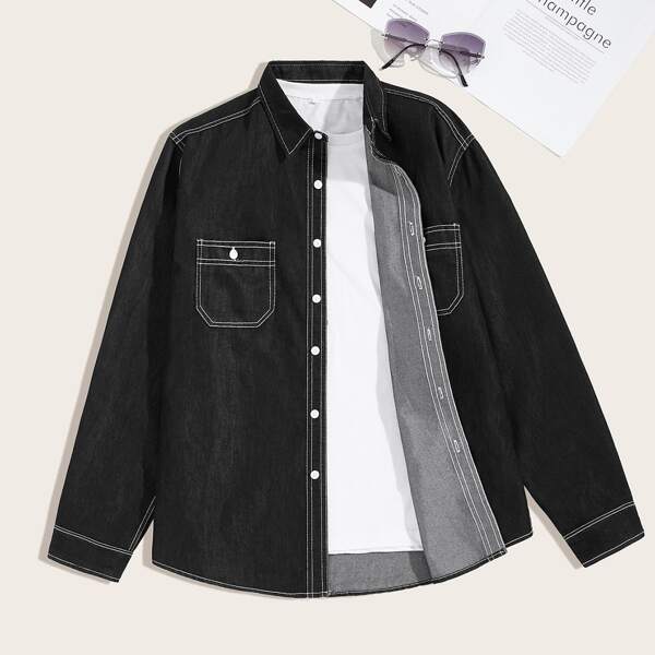 

Men Pocket Front Denim Shirt, Black