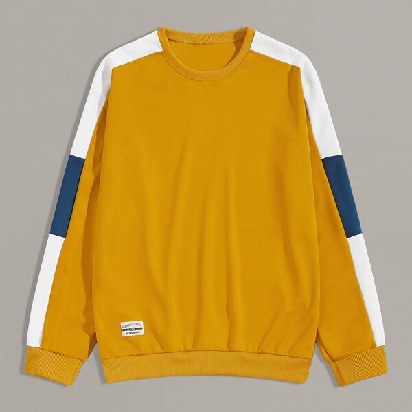 

Men Contrast Panel Letter Patched Sweatshirt, Mustard yellow