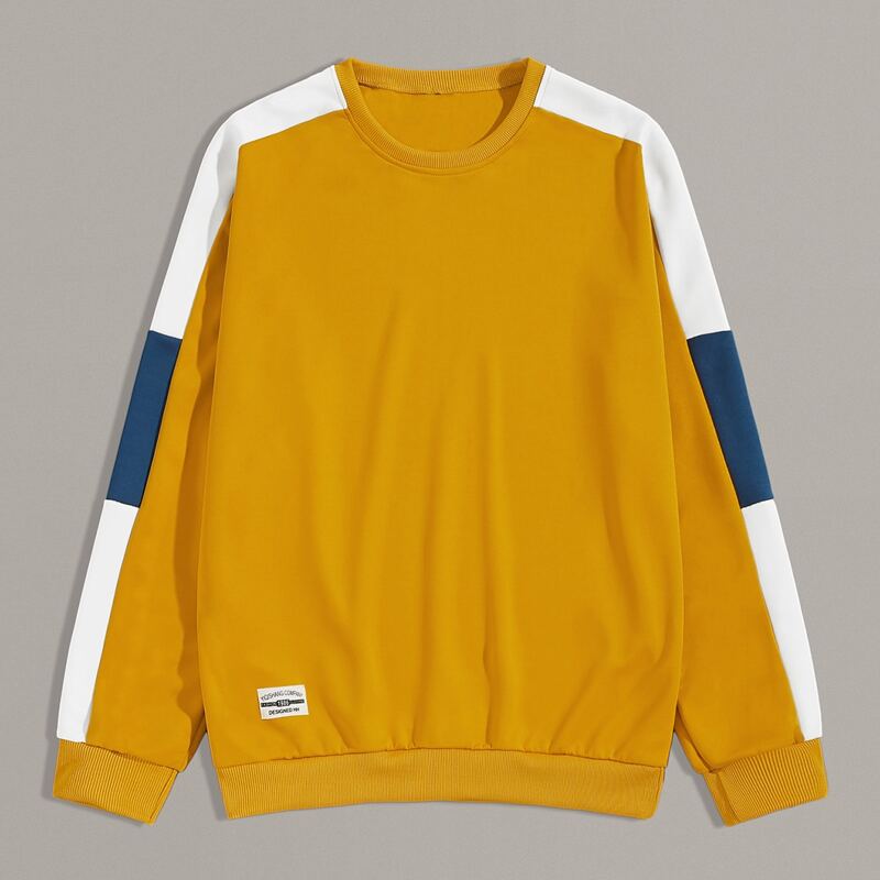 

Guys Contrast Panel Letter Patched Sweatshirt, Mustard yellow