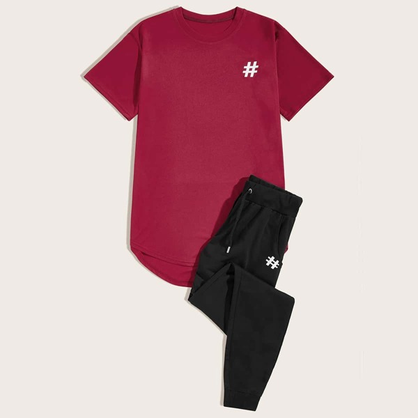 

Men Graphic High Low Tee & Drawstring Pants, Multicolor